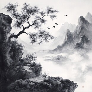 手绘风景画烟雾山水画