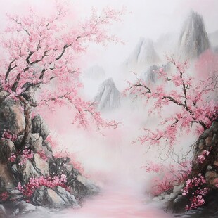 桃花风景油画