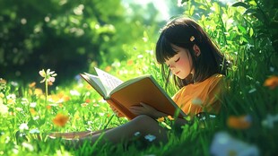 坐在草地上看书的女孩