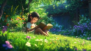 花园里看书的女孩