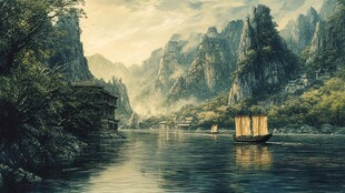 山水楼阁波光小船