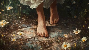 赤脚女孩穿过花田