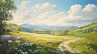 唯美田园风光油画