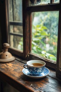 在窗前喝茶很惬意