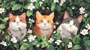 花丛边的猫咪插画