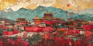 布达拉宫水彩水墨风格