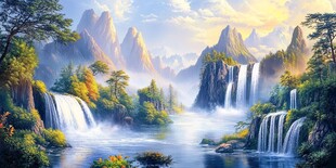 山水风景油画瀑布