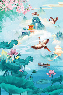 国潮山水爱莲说中国花鸟画海报