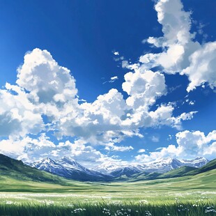 蓝天白云山脉草地背景