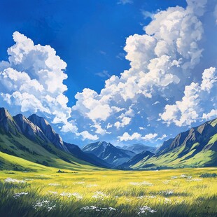 蓝天白云绿草油画