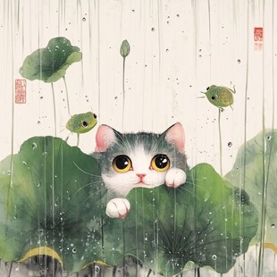 雨天伞下躲雨猫咪插画