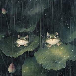 雨天伞下躲雨猫咪插画