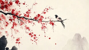 古风红梅花鸟插画