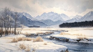 雪山河流油画