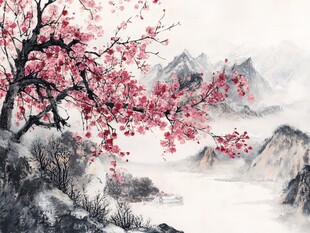 桃花水墨山水画