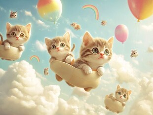 乘坐热气球的猫插画