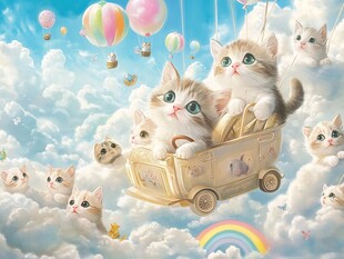 乘坐热气球的猫插画