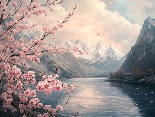 桃花风景油画