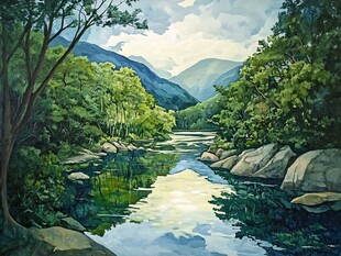 插图油画山水