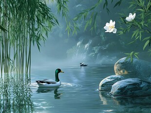 竹林假山花鸟飞鸟