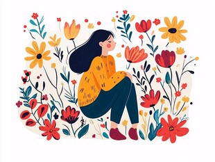 花丛女孩插画