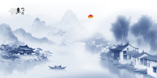 蓝色山水画