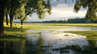 绿树湿地阳光绿草地