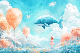 唯美插画图女孩与海豚