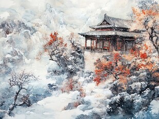 古风亭台楼阁油画