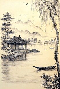 线描古风江景山水