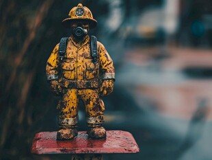 戴面具的消防员雕像