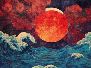 手绘海浪旭日东升