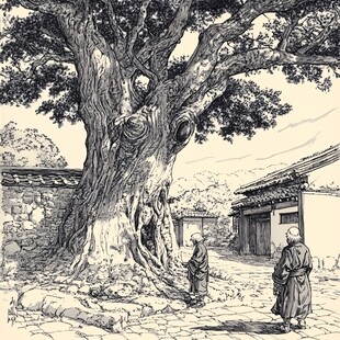 手绘工笔画古柏