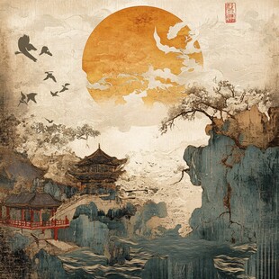 中秋楼阁仙鹤图