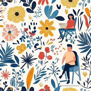 植物花卉少女手绘