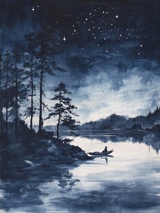 插画夜景湖泊