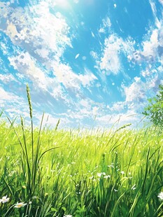 蓝天白云绿草油画