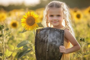 站在向日葵里的小女孩