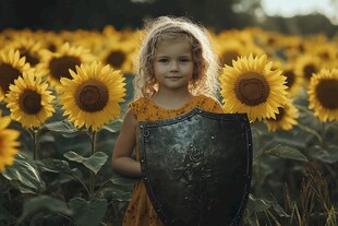 站在向日葵里的小女孩