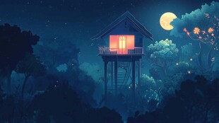 森林里的木屋夜景