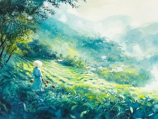 手绘茶园插画女孩