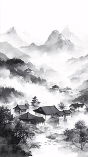 竖版水墨画远山烟雾