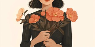 女孩捧花微笑插画