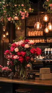 摆满鲜花的咖啡店