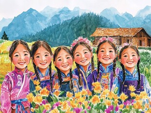 原创水彩少数名族风光