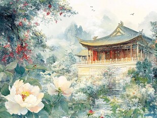 亭台楼阁古风插画