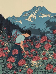 玫瑰花插画女孩