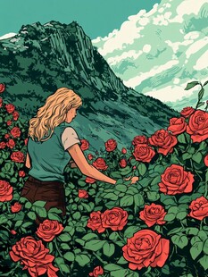 玫瑰花插画女孩