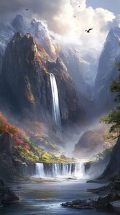 山水风景油画瀑布