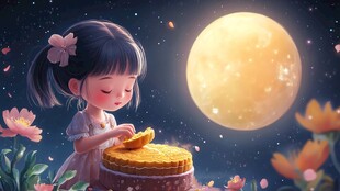 吃月饼的小女孩插画